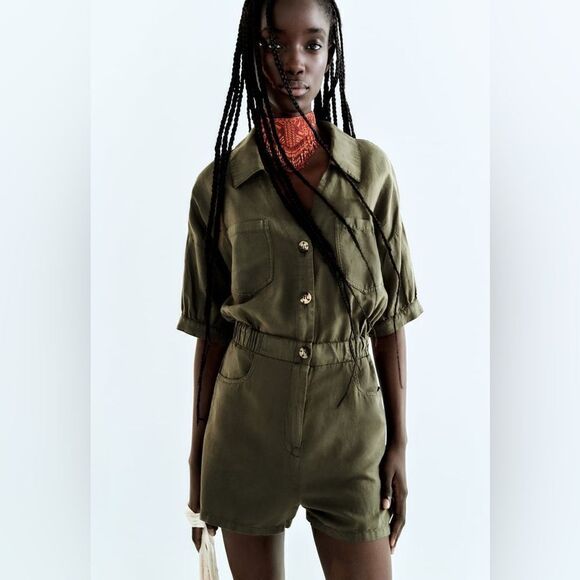 Zara Linen Blend Khaki Jumpsuit New - Picture 7 of 10